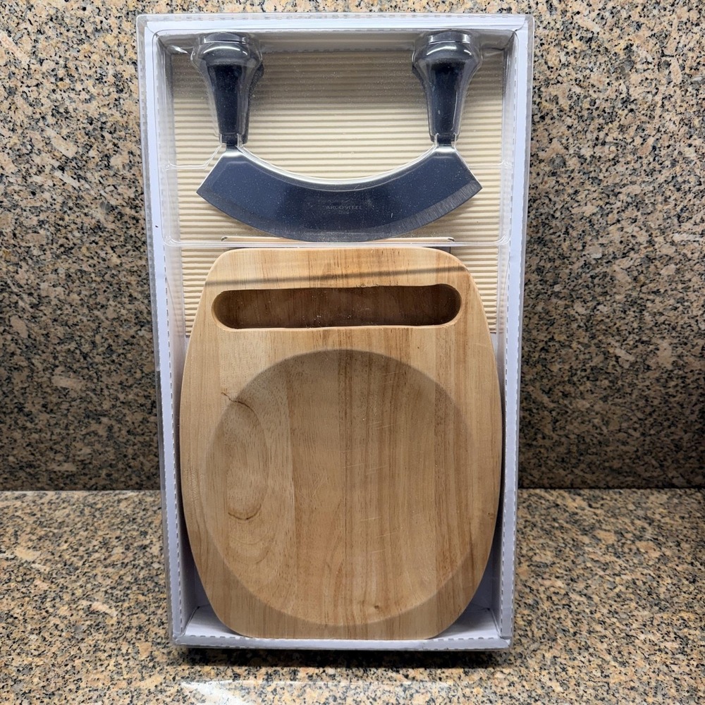 ARCOSTEEL Mezzaluna Chopper Knife & Wood Cutting Board Set Stainless Steel Brown